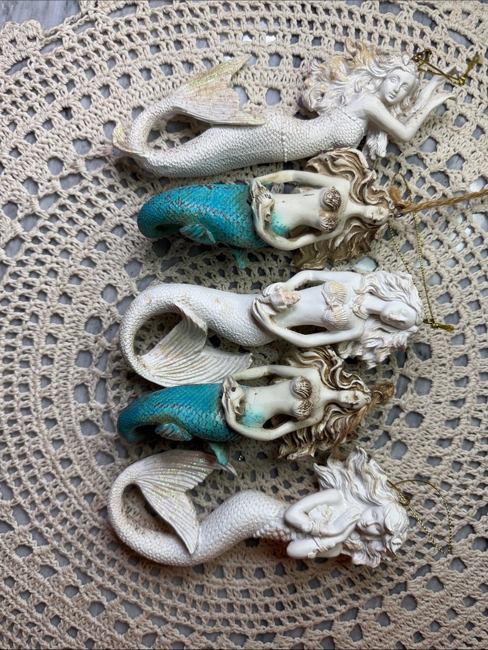 Set of 5Mermaid Ornaments in White and Teal